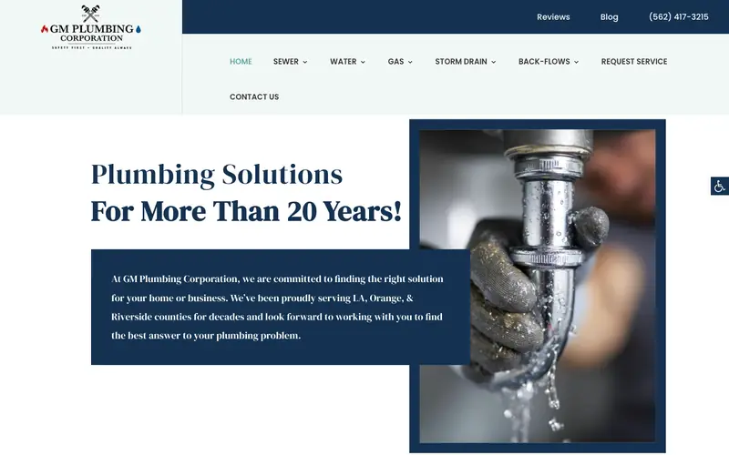 The GM Plumbing homepage with an accessibility toolbar open across the top and the phone number (562) 417-3215