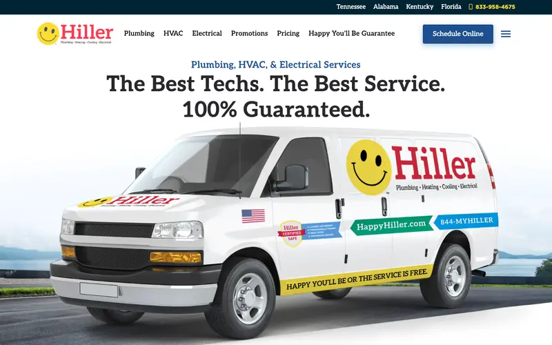 The Hiller homepage with a guarantee headline, the number 833-958-4675 and a Schedule Online button