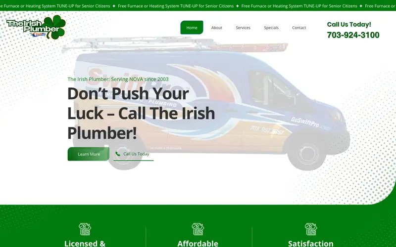 The Irish Plumber homepage with a luck themed headline, the number 703-924-3100 and a Call Us Today button
