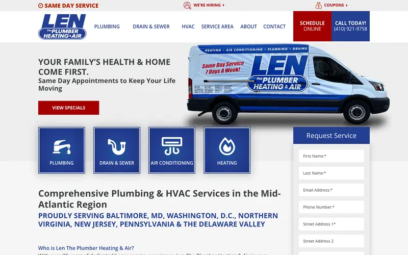 The Len The Plumber homepage with a mid-Atlantic services headline, a VIEW SPECIALS button and a recent customer reviews heading