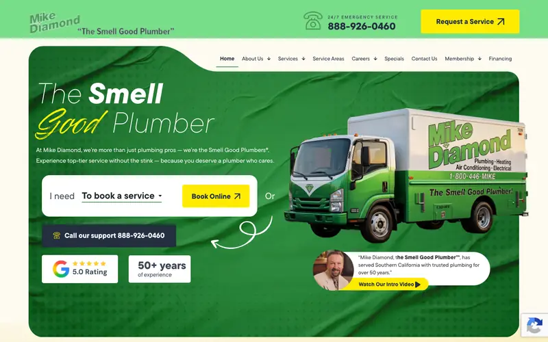 The Mike Diamond Plumbing homepage with the headline The Smell Good Plumber, a 24/7 emergency service label, the number 888-926-0460 and a Book Online button