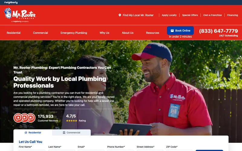 The Mr. Rooter Plumbing homepage with the headline Expert Plumbing Contractors You Can Trust, the phone number (833) 647-7779 and a Book Online button