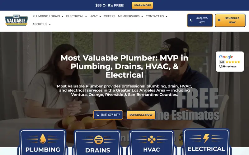 The Most Valuable Plumber homepage with the headline naming plumbing, drains, HVAC and electrical, the number (818) 697-8517 and a SCHEDULE NOW button