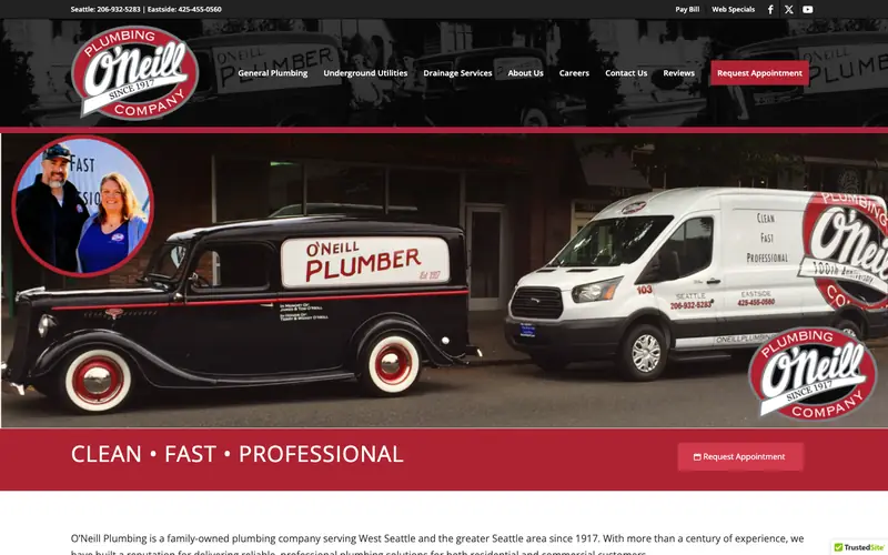 The O'Neill Plumbing homepage with two phone numbers labeled Seattle and Eastside and a Request Appointment button