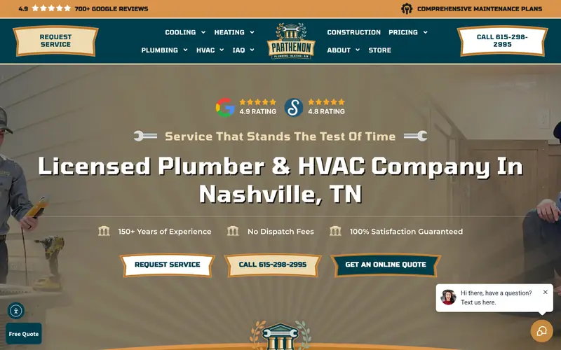 The Parthenon Plumbing homepage with a Nashville headline, a 4.9 rating from 700+ Google reviews and a CALL 615-298-2995 button