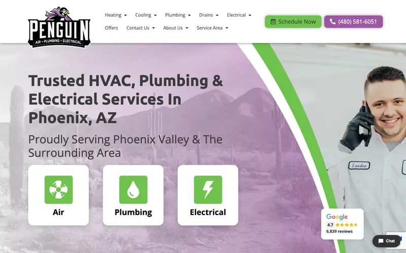The Penguin Air homepage with the headline about trusted HVAC, plumbing and electrical services in Phoenix, a Schedule Now button and the phone number (480) 581-6051