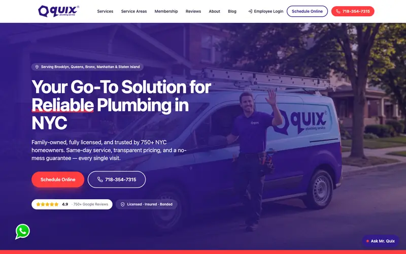 The Quix Plumbing Service homepage with an NYC headline, a Schedule Online button, the number 718-354-7315 and an Ask Mr. Quix chat button