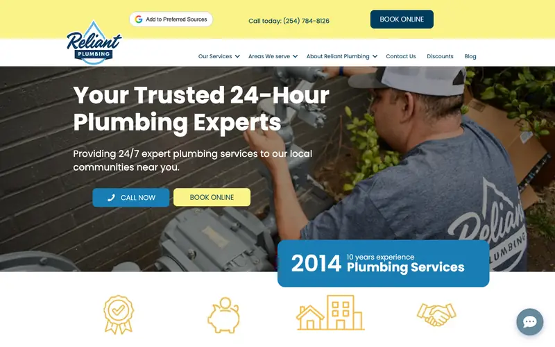 The Reliant Plumbing homepage with a 24-hour experts headline, a BOOK ONLINE button and a Call today line with the number (254) 784-8126
