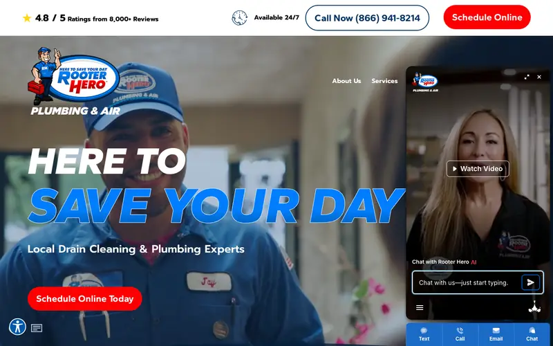 The Rooter Hero homepage with the headline 24-Hour Plumbers, a Call Now button, a Schedule Online button and a chat panel open on the right