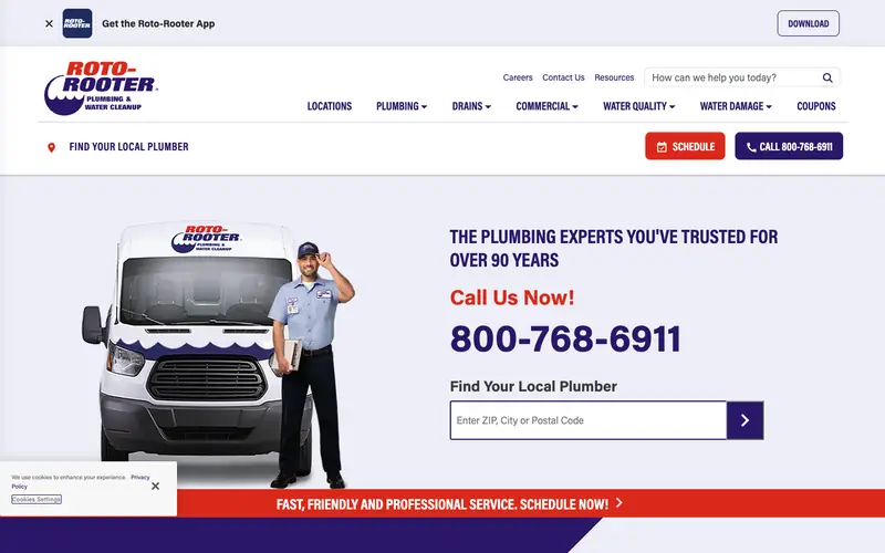 The Roto-Rooter homepage with the headline about trusted plumbing experts, a SCHEDULE button and the number 800-768-6911