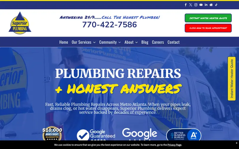 The Superior Plumbing homepage with an INSTANT WATER HEATER QUOTE button, a CLICK NOW TO BOOK APPOINTMENT button and the number 770-422-7586