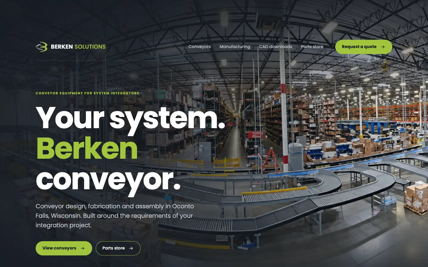 The Berken Solutions homepage concept by JT Studio, a conveyor line with a request a quote button